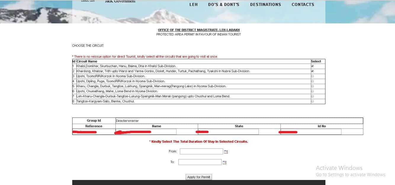 Ladakh Permit Online Booking Registration Appy for permit screen