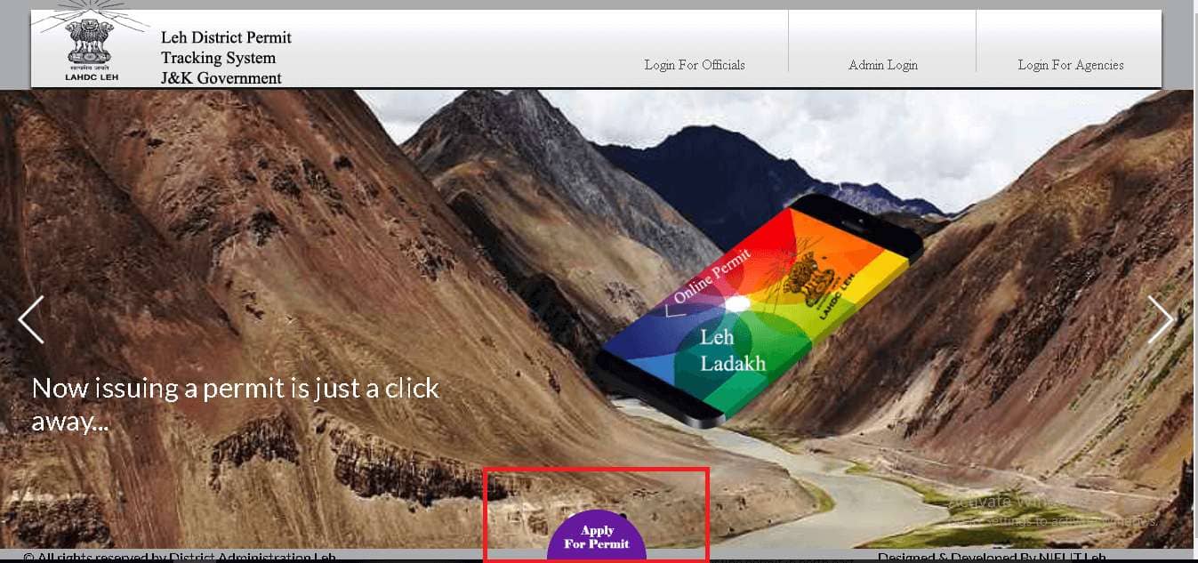 Ladakh Permit Online Booking home screen